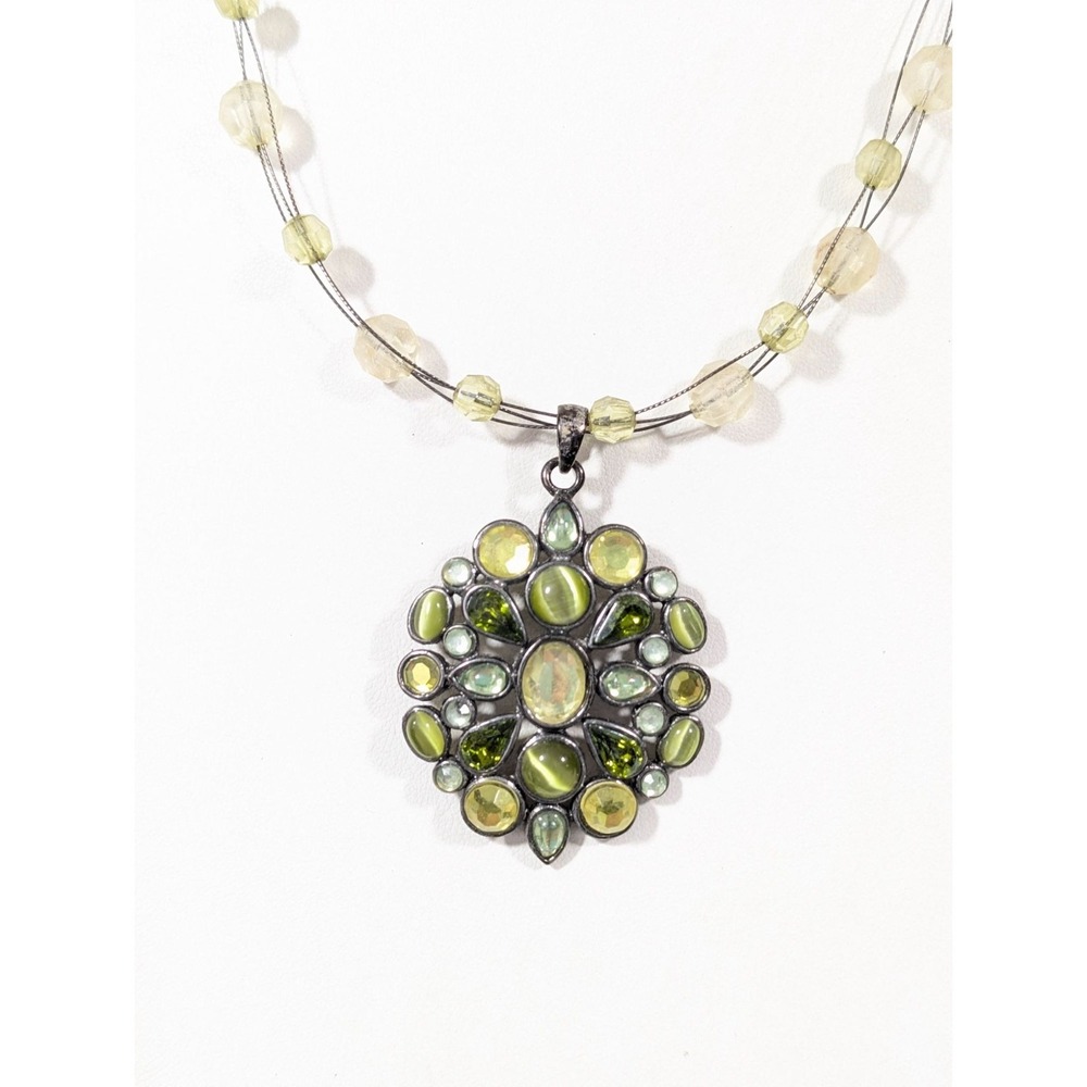 Boho Western Green Cabochon Medallion Bronze Tone Wire Necklace 19"
